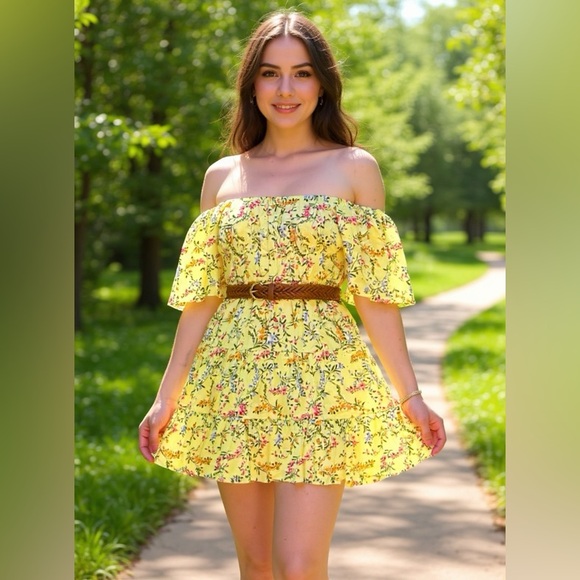 5th & Love Dresses & Skirts - **🌼 NEW 5th & Love Yellow Floral Boho Baby Doll Mini Dress w/ Belt 🌼**
